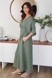 Linen V Neck Dolman Sleeve Maxi Dress