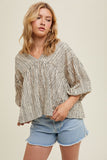 Adelaide Striped 3/4 Balloon Sleeve Top