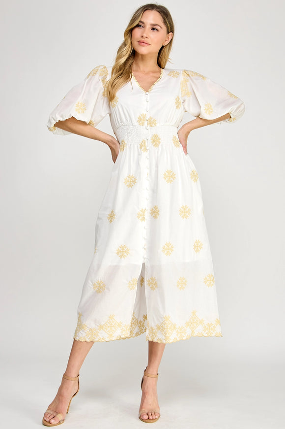 Yvonne V Neck Embroidered Midi Dress