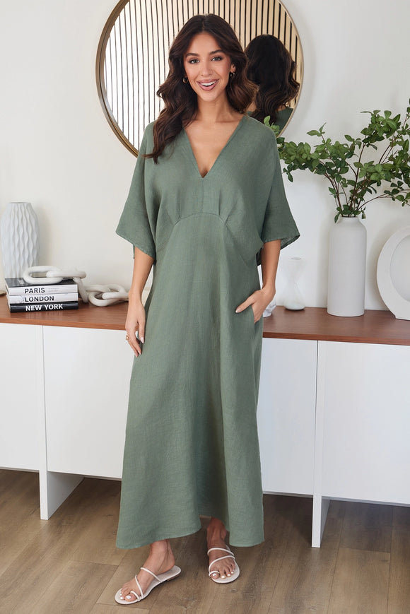 Linen V Neck Dolman Sleeve Maxi Dress