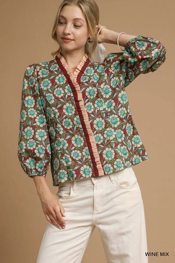 Janet Floral Print Contrast Trim Blouse