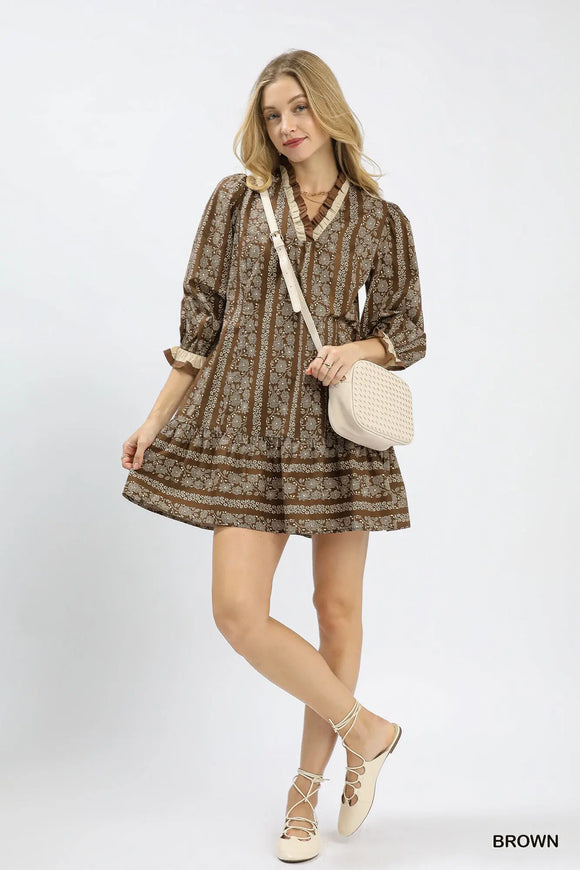 Harper Floral Stripe Ruffle Trim Dress