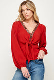 Leslie Sequin Trim Tie Front Blouse