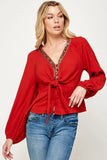 Leslie Sequin Trim Tie Front Blouse