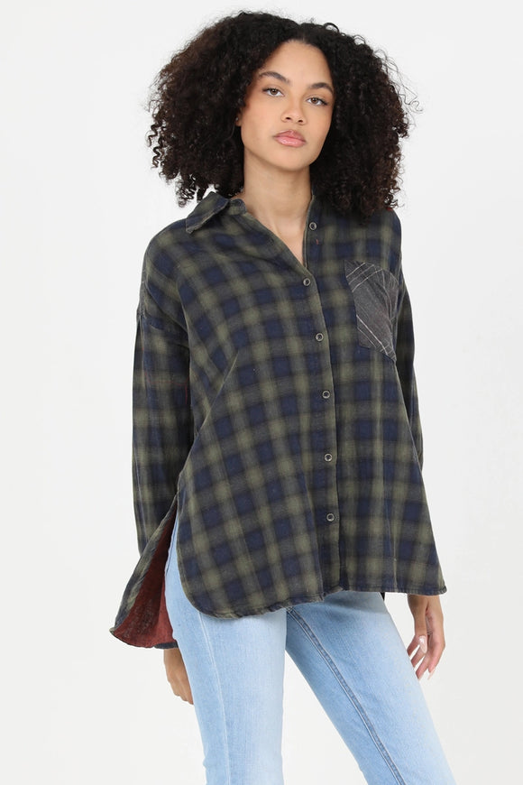Mixed Plaid Oversized Button Down Shirt