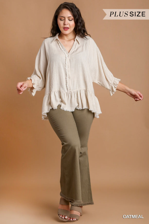 Candace Half Button Frayed Edge Top