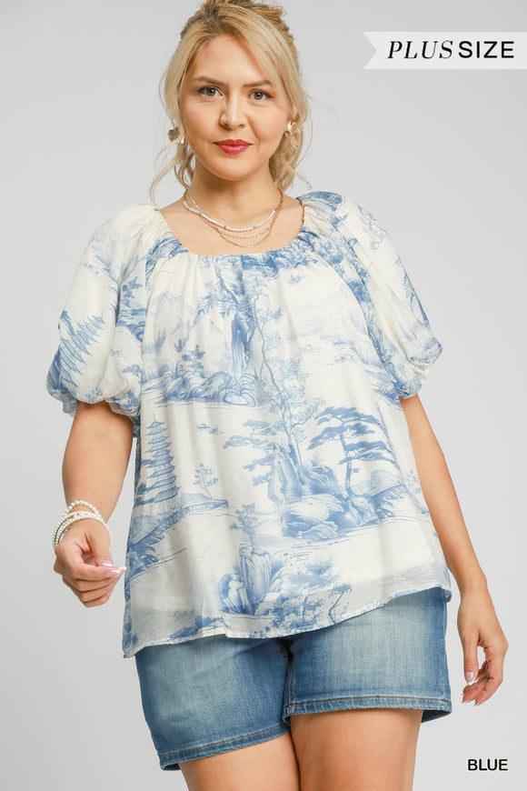 Daphne Toile Print Pleated Detail Top