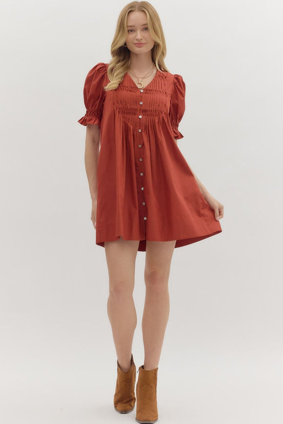 Athena Puff Sleeve Pintuck Mini Dress