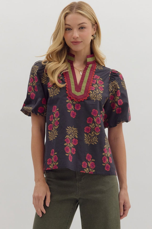 Danielle Floral Accent V Neck Top