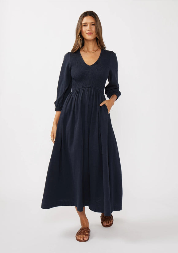 smocked bodice maxi dress Blue V Neck Sleeveless Tie Back *FINAL SALE* line maxi silhouette and functional side pockets make it a practical yet feminine choice for everyday wear Baltic Born Womens Lenora Smocked